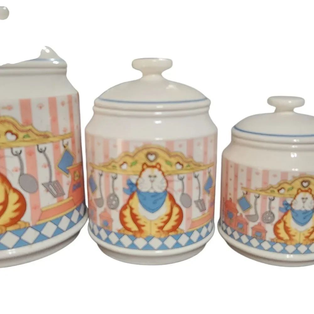 Vintage Lisa Berrett Canister Set 8 Piece 4 with Lids Country Tabby Cat - Picture 3 of 11